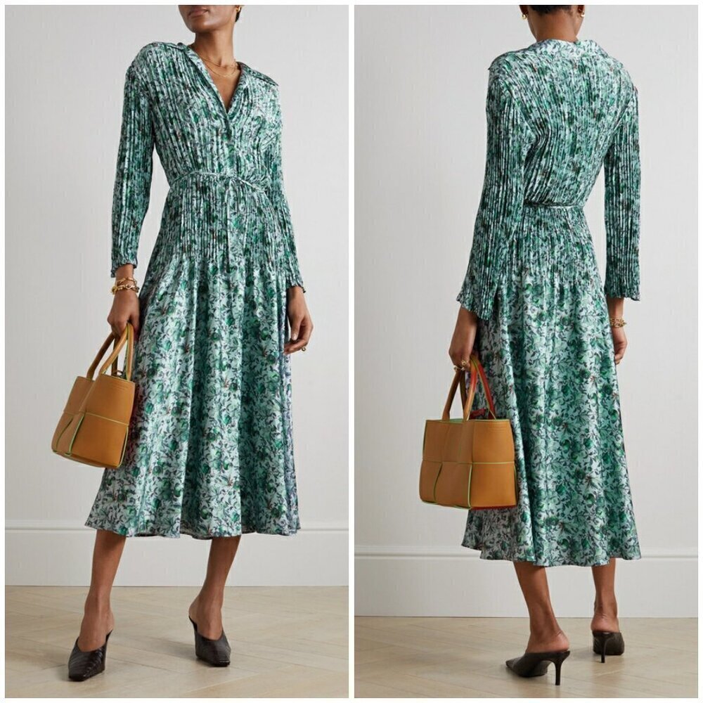💕VINCE💕 Berry Blooms Pleated Midi Shirt Dress ~ Satin Floral Print Large NWOT